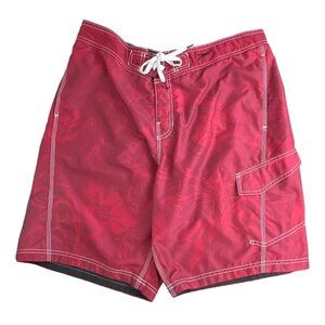 Speedo Mens Swim Trunks Size L Tropical Red Floral Mesh Lined Shorts Drawstring